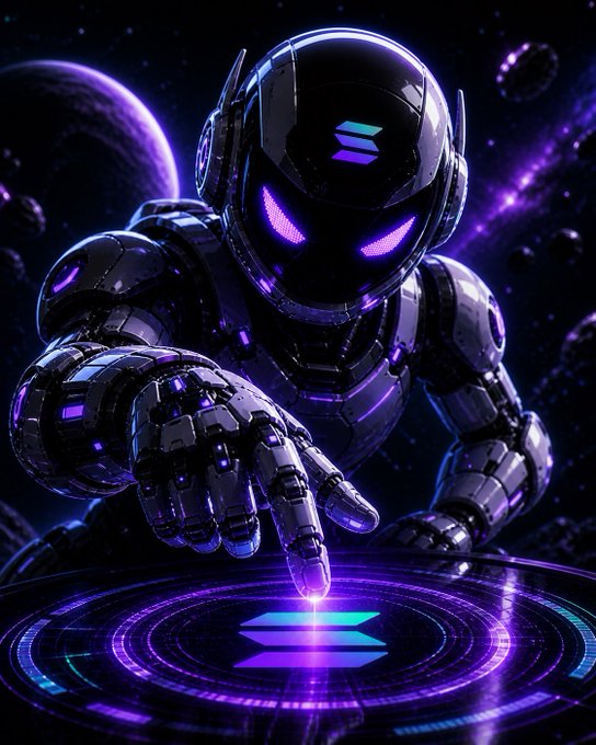 A futuristic armored figure with glowing purple eyes extends a finger toward a holographic Solana logo displayed on a glowing circular platform, set against a cosmic backdrop. The image visually reinforces the post "solana." by depicting a powerful, sci-fi guardian reaching out to interact with the Solana blockchain symbol.