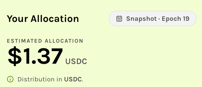 A digital dashboard displaying 'Your Allocation' with an estimated allocation of $1.37 USDC, tagged as Snapshot · Epoch 19.