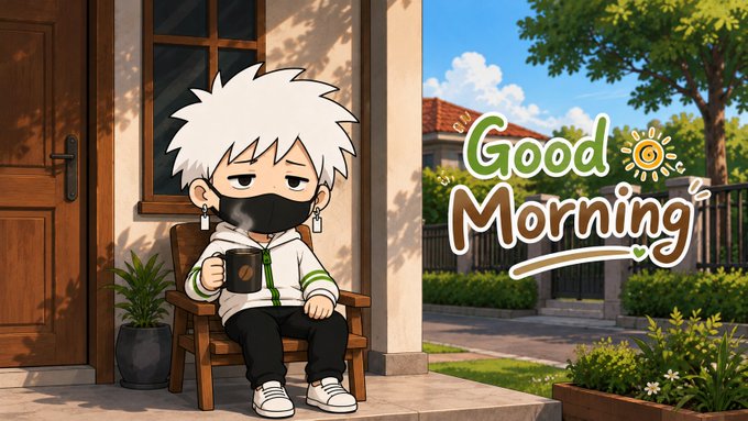 An anime-style illustration of a white-haired character in a face mask holding a mug on a porch, with 'Good Morning' text and sun and heart decorations.