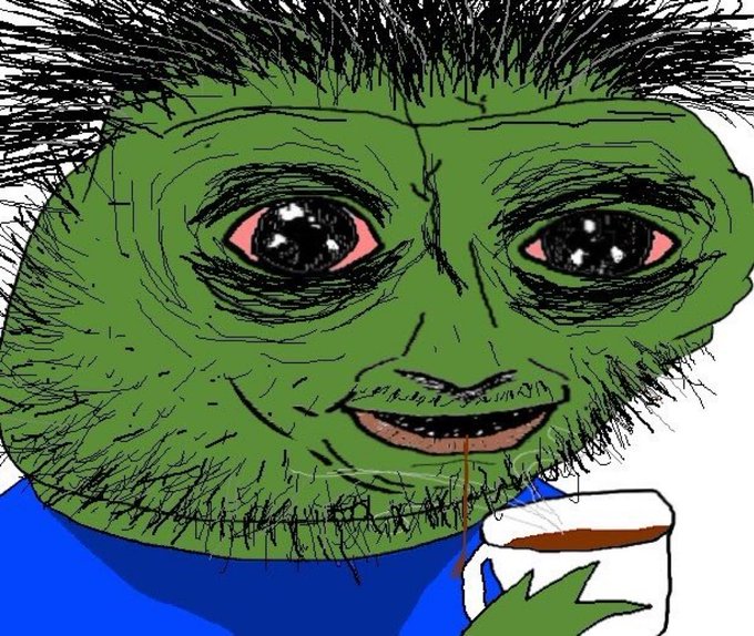 A cartoon drawing of a green-skinned character with large dark eyes, messy hair, and a blue shirt, drinking from a white cup with a red beverage.