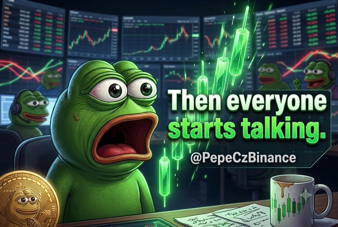 A Pepe the Frog meme image features a shocked Pepe in front of trading charts with text reading 'Then everyone starts talking. @PepeCzBinance'.
