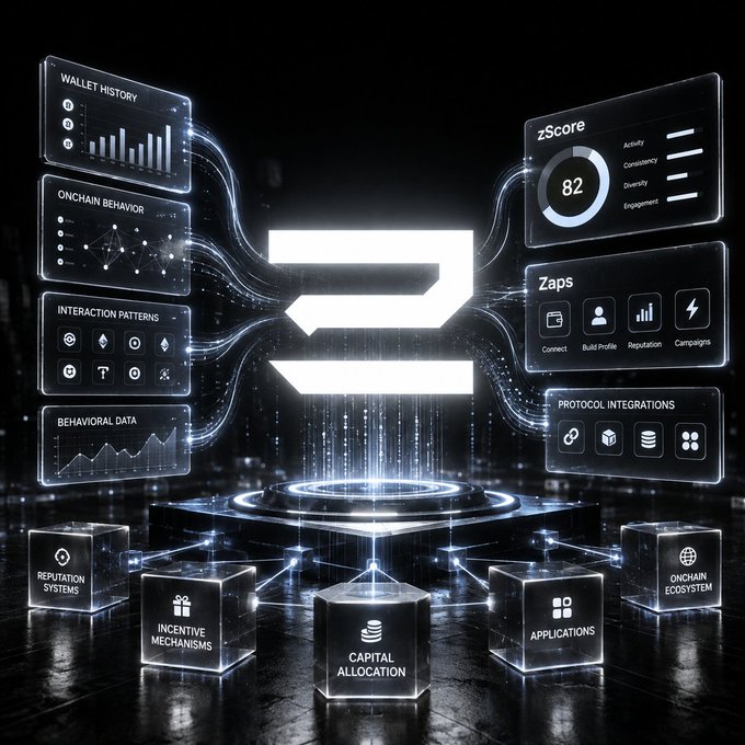 A futuristic digital graphic displays a glowing "S" logo surrounded by holographic data panels showing wallet history, on-chain behavior, zScore, and other protocol metrics connected to cubes labeled with terms like "REPUTATION SYSTEMS" and "CAPITAL ALLOCATION."