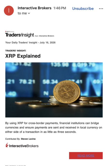 A screenshot of an email from Interactive Brokers dated July 16, 2026, with a Traders' Insight article titled 'XRP Explained' about using XRP for cross-border payments, contributed by Steven Levine.