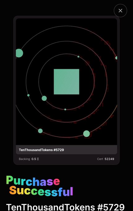 A digital art piece confirmation screen displaying 'Purchase Successful' for 'TenThousandTokens #5729' with an atomic-style orbital design.