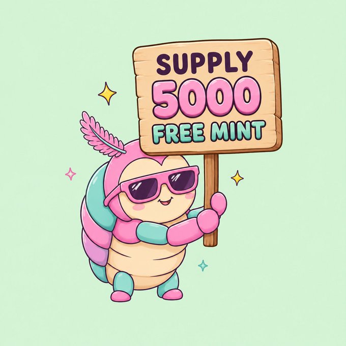 A cute cartoon caterpillar character wearing pink sunglasses holds a wooden sign reading "SUPPLY 5000 FREE MINT," highlighting the free mint opportunity being promoted in the @unvault NFT campaign. The playful mascot illustration visually reinforces the excitement around the Genesis Bug Phase 1 whitelist and its associated launchpad benefits.