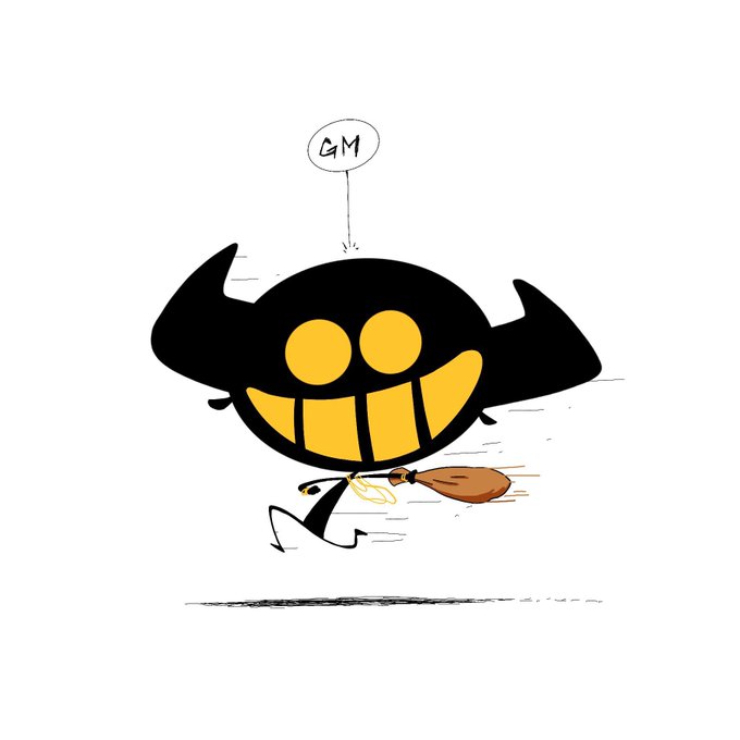 A cartoonish black demon-like character with large yellow eyes and a wide toothy grin runs while holding a piece of meat on a bone, with a speech bubble above reading "GM," tying into the post's "Gm everyone" greeting commonly used in crypto communities.