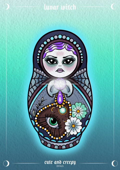 A stylized “Lunar Witch” matryoshka doll featuring a mystical face, crescent motifs, flowers, and an all-seeing eye, labeled “Cute and Creepy Dolls.”