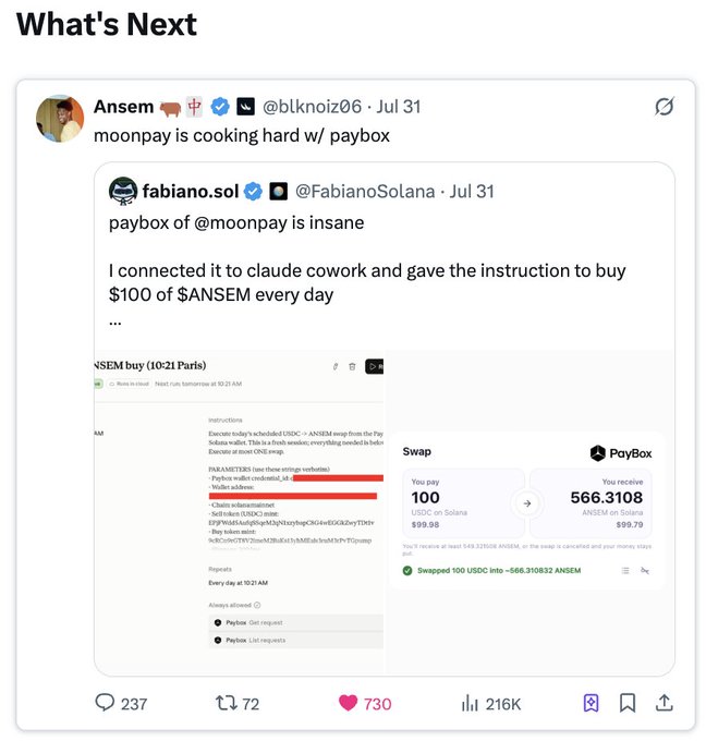 A tweet from @blknoiz06 (Ansem) titled 'moonpay is cooking hard w/ paybox' quote-tweeting @FabianoSolana about Paybox swapping 100 USDC to 566.31 ANSEM tokens via Claude Cowork.