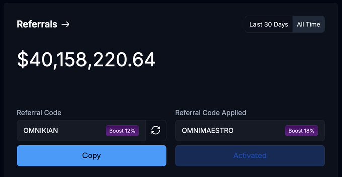 A referral dashboard showing $40,158,220.64 in referrals, with codes 'OMNIKIAN' (Boost 12%) and 'OMNIMAESTRO' (Boost 18%, Activated).