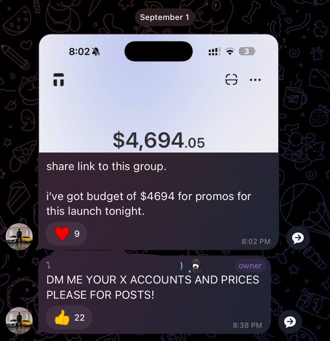 A screenshot of a phone chat showing messages about a promo budget of $4,694 for a launch, with requests for X account prices for posts.