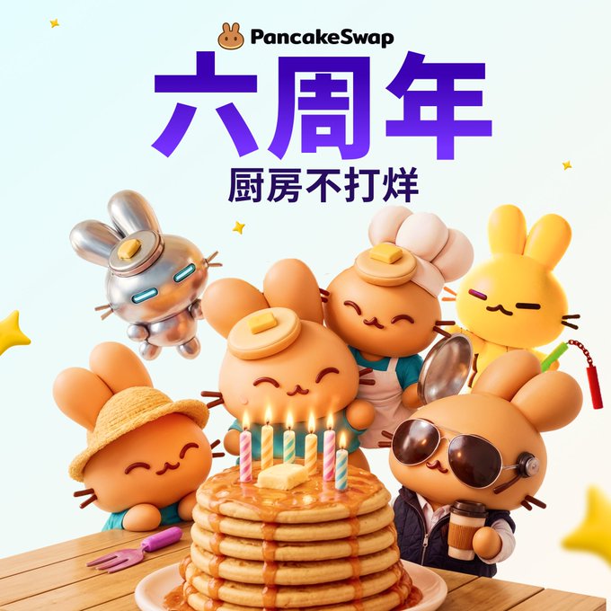 A promotional image for PancakeSwap's 6th anniversary featuring cartoon bunny characters celebrating around a stack of pancakes with candles, with Chinese text reading "六周年 厨房不打烊" (6th Anniversary, Kitchen Never Closes).