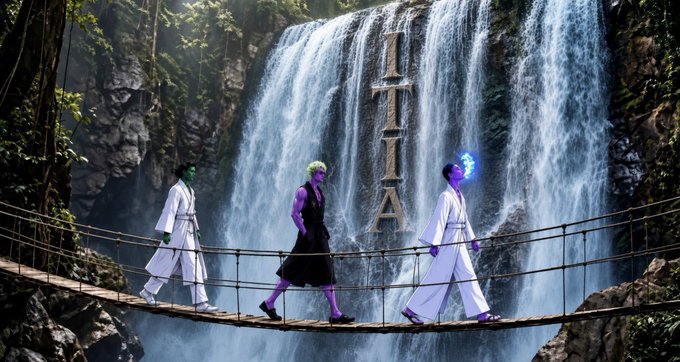 The image shows a stylized scene of four figures crossing a rope bridge in front of a waterfall, with the letters "TITIA" spelled out vertically in the cascading water. The figures appear to represent iconic NFT collections—likely CryptoPunks, BAYC, and Pudgy Penguins—as referenced in the caption, symbolizing these projects navigating the evolving NFT landscape together.