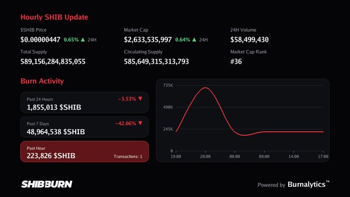 A dashboard titled 'Hourly SHIB Update' from SHIBBURN displays cryptocurrency statistics including a $0.00000447 SHIB price, $2,633,535,997 market cap, and burn activity charts powered by Burnalytics.