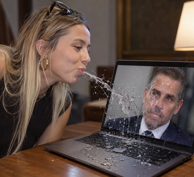 A composite image showing a woman spitting water at a laptop screen that displays a man's face, which is getting splashed.
