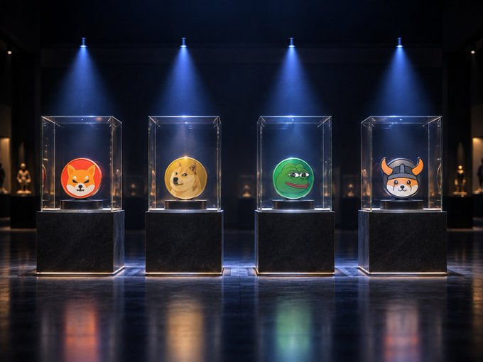 Four iconic memecoins—$SHIB, $DOGE, $PEPE, and $FLOKI—are displayed in illuminated museum-style display cases under dramatic spotlights, presenting them as prized collectibles to highlight the post's question about which one deserves the spotlight.