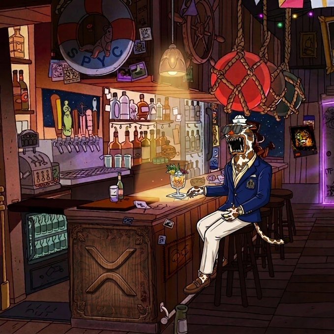 An illustration of an anthropomorphic dinosaur wearing a blue blazer and sunglasses, sitting at a wooden bar counter in a pirate-themed bar called "O.P.Y.C." with a life preserver on the wall.