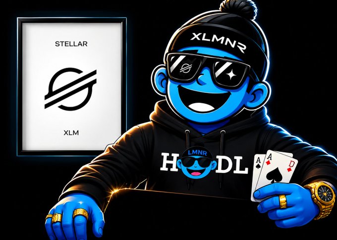 A digital illustration features a blue mascot character wearing a "XLMNR" beanie and sunglasses, holding playing cards, next to a framed logo reading "STELLAR XLM".