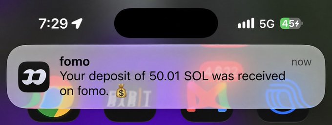An iPhone notification from "fomo" confirms a deposit of 50.01 SOL was just received, humorously supporting the post's question about how to 10x the small amount before month end.