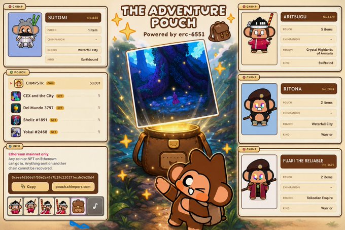 Screenshot of 'THE ADVENTURE POUCH' NFT marketplace interface powered by erc-6551, showing character profiles for Sutomi, Chimpstr, Aritsugu, Ritona, and Fuari the Reliable with details like Pouch items, Chimpanion, Region, and Kind attributes.