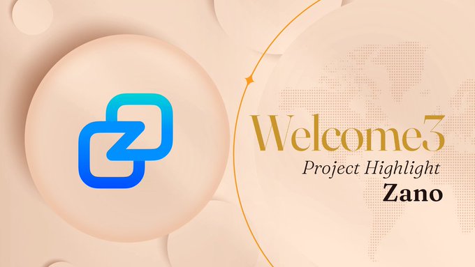 A promotional graphic featuring a blue interconnected square logo alongside the text 'Welcome3 Project Highlight Zano' on a beige background with a world map design.