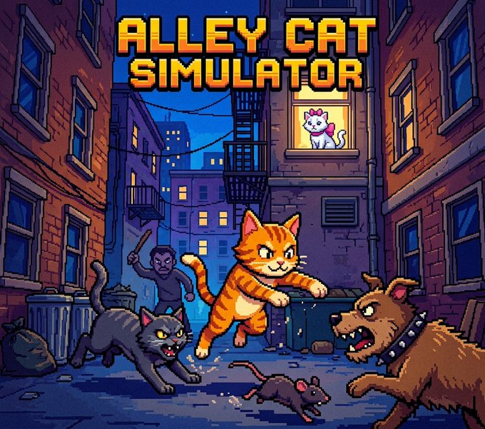 Pixel art promotional image for a video game titled 'ALLEY CAT SIMULATOR' depicting an orange cat fighting dogs and a rat in an alleyway.