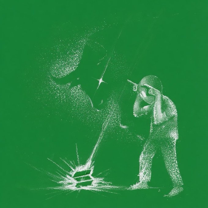 A green monochromatic stylized illustration of a man swinging a hammer and striking the ground, creating a glowing impact effect.