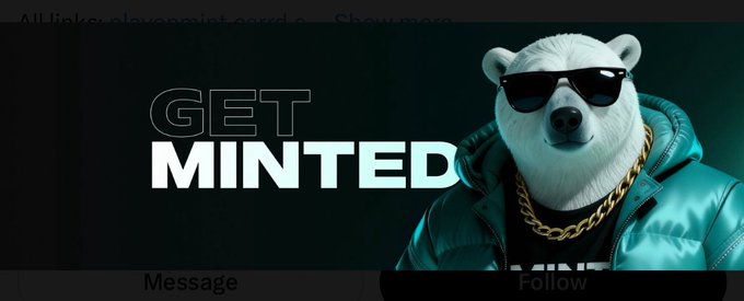Promotional banner featuring a 3D-rendered bear wearing sunglasses and a teal puffer jacket with a gold chain, alongside the text 'GET MINTED.'