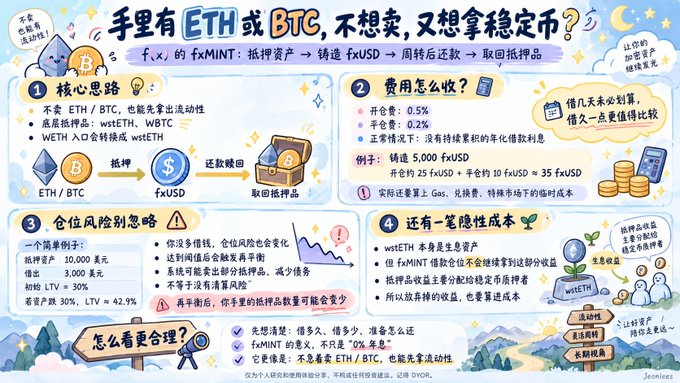 An infographic explains how to use ETH or BTC as collateral to mint fxUSD stablecoins without selling, featuring core ideas (minting 5,000 fxUSD with 25 fxUSD platform fee and 10 fxUSD transaction fee for 30% LTV, 42.9% LTV on 10,000 USD collateral), borrowing costs (0.5% open, 0.2% normal), hidden risks (volatile collateral, liquidation risk, declining yields), and stability costs of wstETH—directly illustrating the post's description of using fxMINT as a way to access liquidity while preserving original crypto positions.