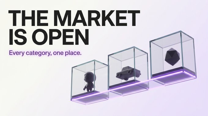 The image features a promotional graphic with bold black text reading "THE MARKET IS OPEN" and a purple tagline "Every category, one place." alongside three transparent display cases with purple glowing bases, each containing a different 3D object: a black character figurine, a black vintage car, and a dark geometric gem, visually representing the diverse NFT categories mentioned in the post—collectibles like character NFTs, mobility access (the car), and redeemable real-world assets—all unified under one on-chain marketplace.