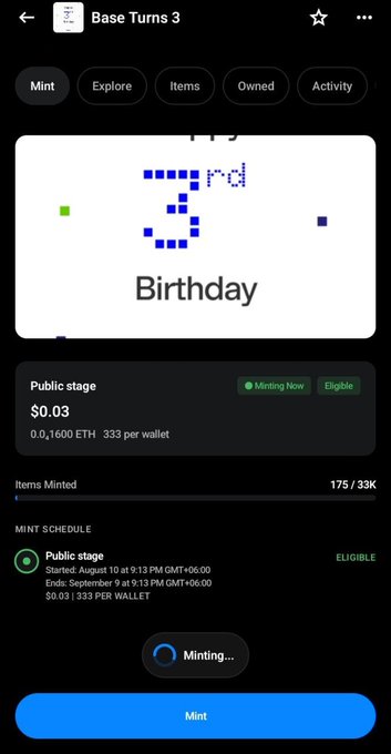 A mobile screenshot of an OpenSea minting page for "Base Turns 3" commemorative NFT priced at $0.03 (0.001600 ETH), showing 175 of 33,333 items minted, with "Minting Now" and "Eligible" status badges indicating the public stage mint is active. The image displays the celebratory "3rd Birthday" pixelated design in blue and green on a white background, tying directly to the post's announcement of Base's 3-year anniversary commemorative NFT.