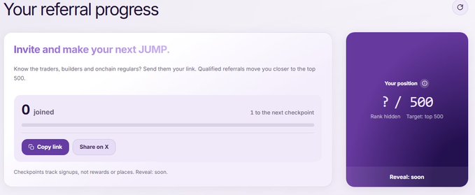 A referral progress dashboard showing 'Your referral progress' with '0 joined', a 'Copy link' button, 'Share on X' option, and a position tracker showing '? / 500' rank hidden toward 'top 500'.