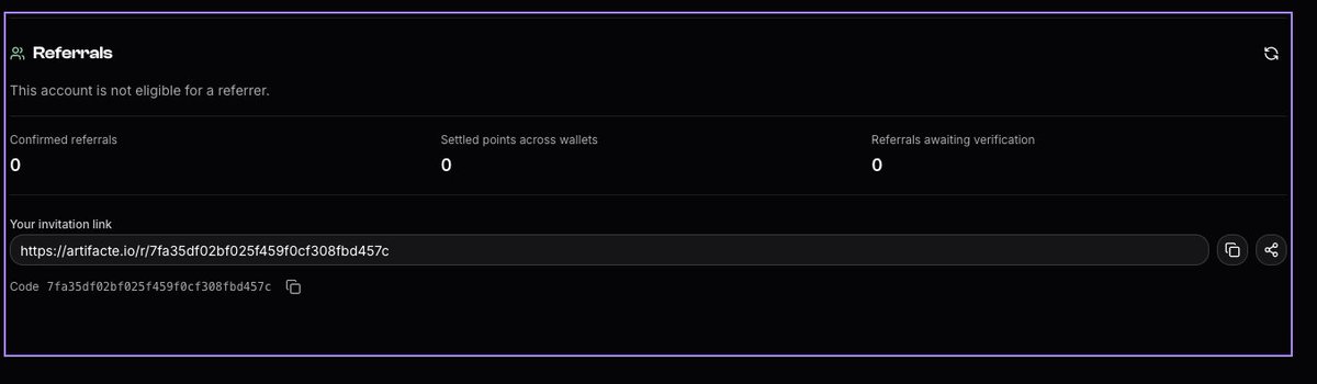 A dark-themed 'Referrals' dashboard showing zero confirmed referrals, settled points, and awaiting verifications, with an Artifacter.io invitation link and code '7fa35df02bf025f459f0cf308fbd457c'.