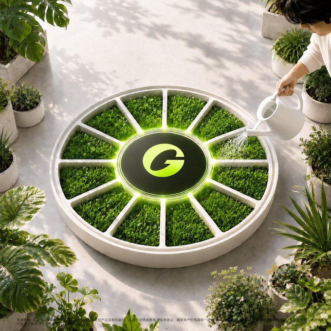 A 3D render of a person watering a circular green planter featuring a stylized 'G' logo in the center, surrounded by potted plants.