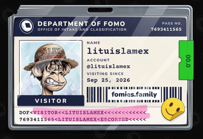 A digital ID card from the 'Department of FOMO' featuring a cartoon monkey avatar with the name 'lituislamex', account '@lituislamex', and a barcode reading 'fomies.family'.