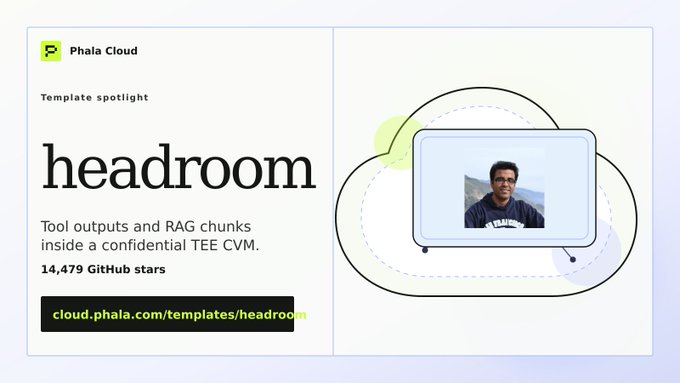 The image displays a white poster with black text on it that explains what headroom does for web applications. It features an illustration of a man's face as the central element, surrounded by various lines, and contains an image of the same person at the bottom left side. The image also includes a text block stating that the compaction of tool outputs can be achieved by RAG chunks being compressed inside a cloud server before they reach an RAG Client. The post is shared on social media platforms with a caption that reads: "headroom.phala.com/templates/head / Cloud.phala.com/templates/headroom.phala.com".