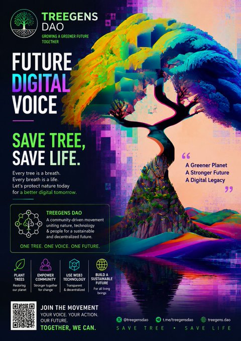A promotional poster for 'TREEGENS DAO' with the tagline 'FUTURE DIGITAL VOICE' and 'SAVE TREE, SAVE LIFE,' featuring a stylized tree whose roots form a face in a colorful, digital landscape.