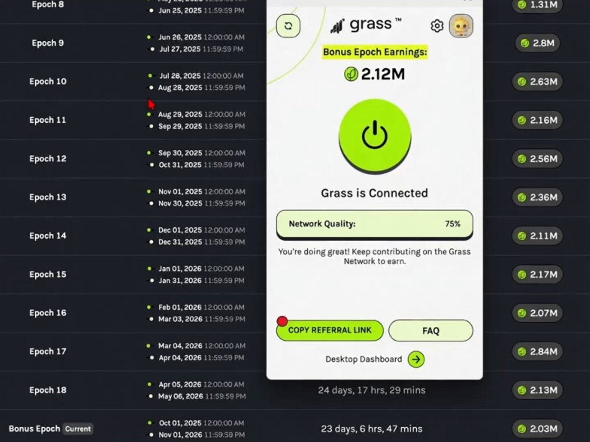 The image shows a screenshot from an app displaying information about the current network quality, which is displayed with green text against a black background. The screenshot also provides instructions for updating the network quality or checking the last epoch of this specific month, indicating that there might be a bug in the app.