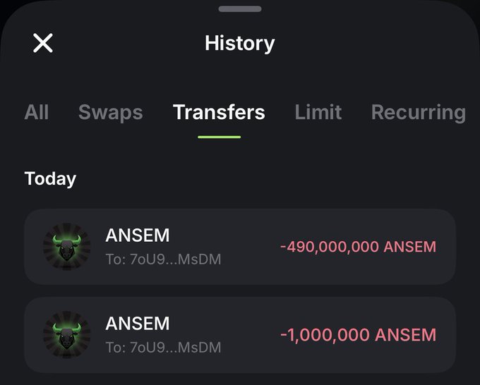 The image displays a crypto wallet's transaction history showing two transfers of $ANSEM tokens sent to address 7oU9...MsDM today: 490,000,000 ANSEM and 1,000,000,000 ANSEM. This aligns with the post about @blknoiz06 moving 491M $ANSEM tokens into a BitGo multisig cold custodial wallet, as the recipient address format matches a BitGo custody wallet.