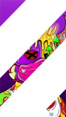 A colorful, psychedelic-style graphic illustration with vibrant pink, purple, yellow, and green character designs displayed in a slanted strip format.