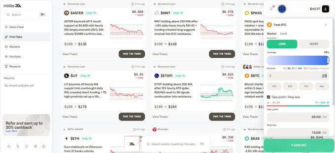 The image displays the Midas Markets "First Take" feature, showing crypto trading theses with tickers like SASTR ($0.686), $MNT ($0.576), and $SPAYG ($11), each accompanied by concise thesis explanations, price charts, and "Take the Trade" buttons, alongside a Trade BTC order panel. This directly illustrates the post's point by demonstrating how the platform transforms market ideas into inspectable, actionable trading opportunities with clear reasoning before users commit.