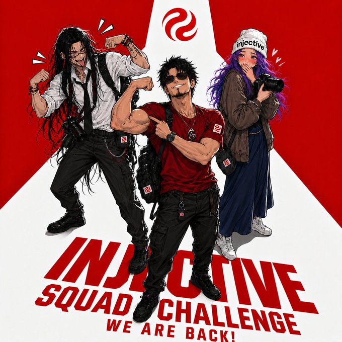 Promotional artwork for 'INJECTIVE SQUAD CHALLENGE - WE ARE BACK!' featuring three anime-style characters against a red and white Injective branding background.