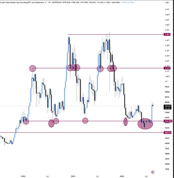 A weekly candlestick chart titled 'Crypto Total Market Cap Excluding BTC and Stablecoins' (CRYPTOCAP) priced at 775.04B, showing support levels marked with pink circles at approximately 1.15T and 600-650B ranges between 2024 and 2026.