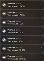 A series of cryptocurrency transaction notifications from 'Phantom' showing various incoming SOL token deposits.