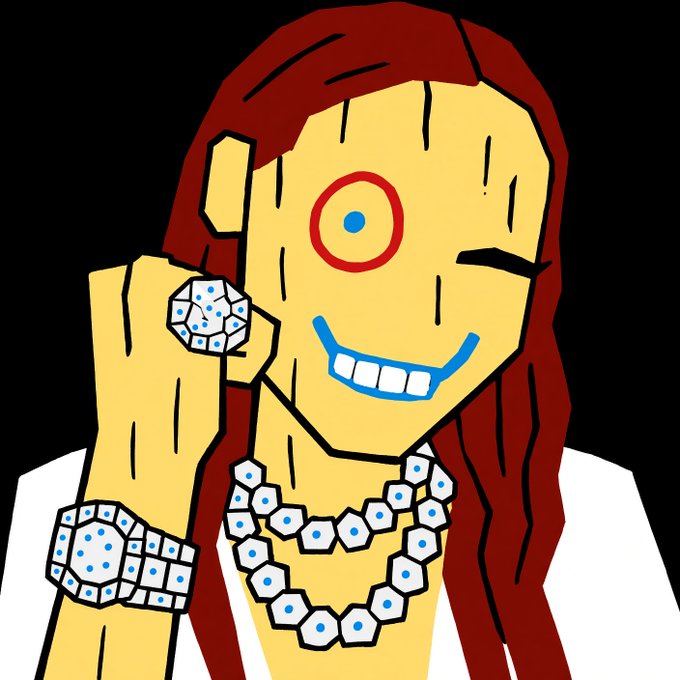 A stylized cartoon drawing of a yellow-skinned figure with red hair, a red-circled eye, and an oversized smile, wearing diamond-encrusted jewelry including a ring, bracelet, and necklace.