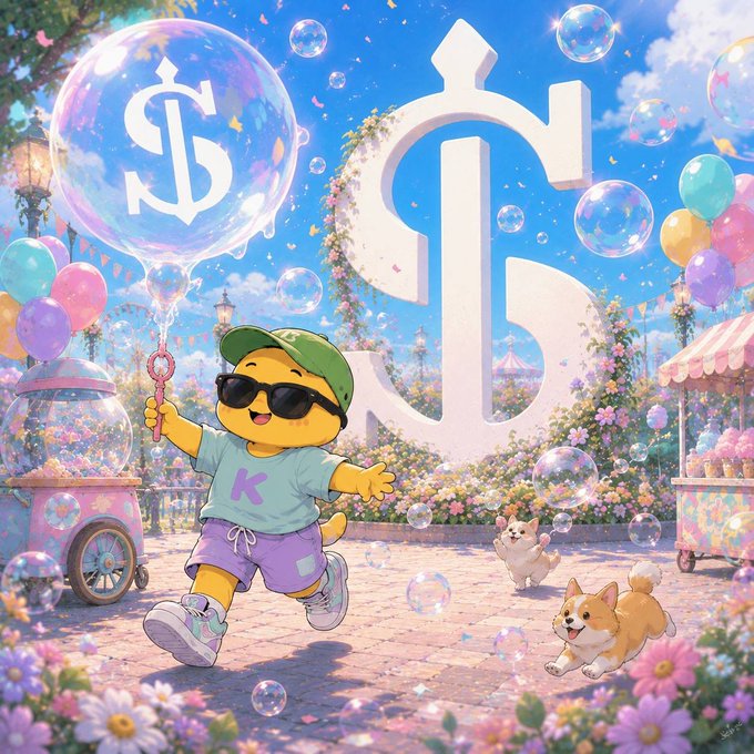 Colorful cartoon illustration featuring a character with a cap and sunglasses holding a bubble wand, with TikTok-style icons, floating bubbles, balloons, and small corgi dogs in a whimsical garden setting.