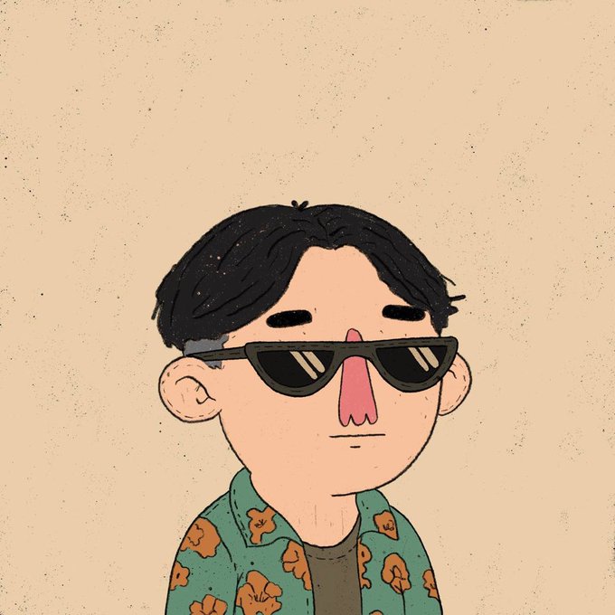 An illustration of a person with short black hair wearing dark sunglasses and a green shirt with an orange floral pattern against a beige background.