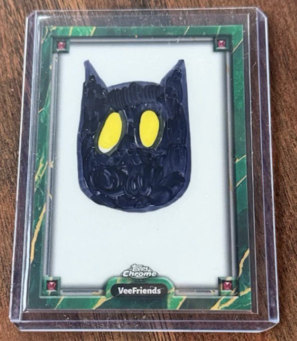 The image features a black cat drawing with yellow eyes, which appears to be made of paint or ink. It is placed inside a clear plastic case that has a green border, giving it a unique appearance. The text "Black cat #veefriends" can also be seen in the image.