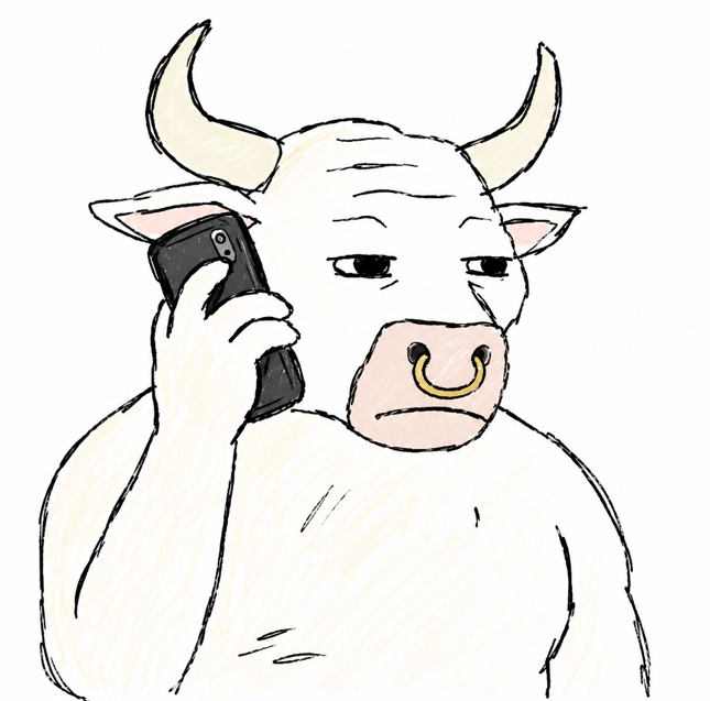A hand-drawn cartoon illustration of a white, muscular anthropomorphic cow with horns and a nose ring, holding a black smartphone to its ear with a deadpan expression.