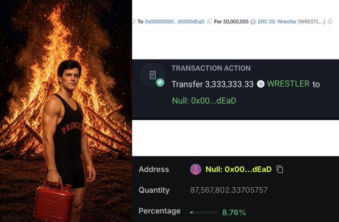 A muscular wrestler stands before a raging bonfire holding a gas can, juxtaposed with on-chain transaction data showing 3,333,333.33 WRESTLER tokens transferred to the burn address (0x00...dEaD), while the cumulative burn tracker displays 87,567,802.34 tokens destroyed, representing 8.76% of the total supply.