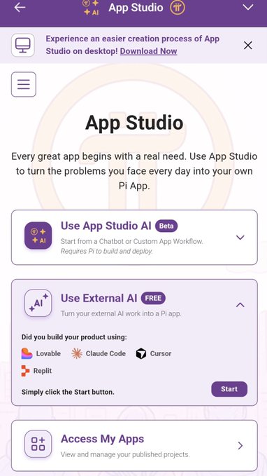 The image shows the Pi Network "App Studio" interface featuring three main sections: "Use App Studio AI" (Beta), "Use External AI" (FREE) which supports external tools like Lovable, Claude Code, Cursor, and Replit, and "Access My Apps." This relates to the post about Pi App Studio's new utility-based pricing model that moves away from the subsidized 0.25 PI creation/editing fee, with the platform now offering both AI-powered and external AI development options for creating Pi apps.